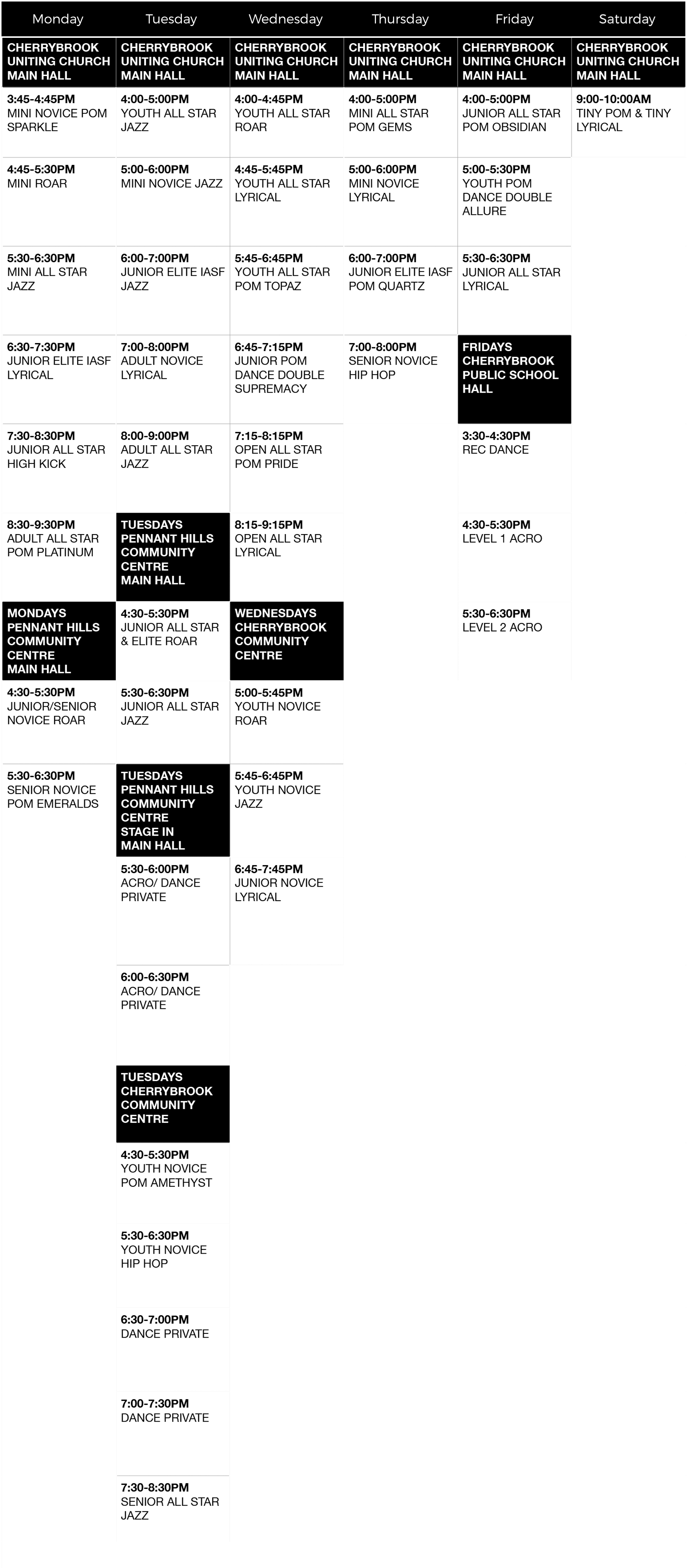 Titan Athletics Timetable