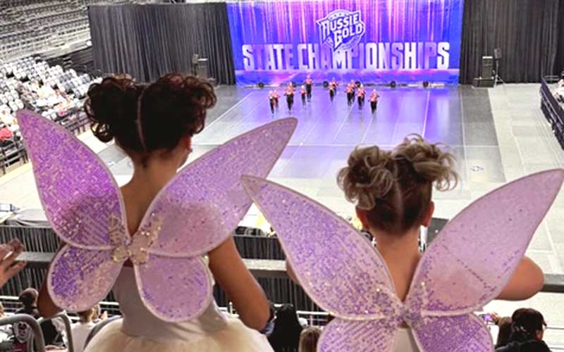 Two dancers watching with wings